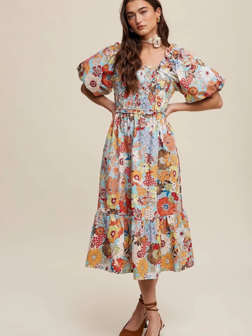 NWT Vintage Vibes Flower Print midi Dress - Picture 2 of 5